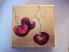 Three cherries<br />5&quot; square painting on canvas, acrylic and dutch gold leaf<br />&pound;30