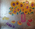 Sunflowers in Pink Vase<br /><br />Acrylic and imitation Gold leaf on canvas 60&quot;x 48&quot;<br />&pound;850