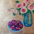 White/pink  peonies and figs<br />acrylic and dutch gold on wood panel<br />44cm x 66cm total in deep  mahogany effect fframe with white slip.<br />&pound;400
