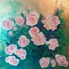 White/pink rose<br />Acrylic and dutch gold on wood panel<br />37&quot; square including deep mahogany effect frame with white slip.<br />&pound;750