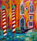 RED AND WHITE MOORING POLES, VENICE<br />Acrylic and dutch gold on 6&quot; square standard canvas. Unframed and ready to hang- can be framed.<br />&pound;75