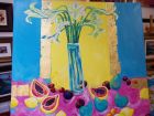 Lilies and fruit<br />acrylic and 23ctgold leaf on canvas<br />1metre square<br />Donated to One in twenty five auction to raise funds on november 28th 2014