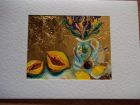 Still life with flowers and fruit<br />A5 card, painting is acrylic and dutch gold<br />&pound;10     <br />         SOLD