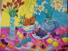 daffodils and red tulipswith fruit<br />acryilc on canvas<br />1.2 m x 1 m